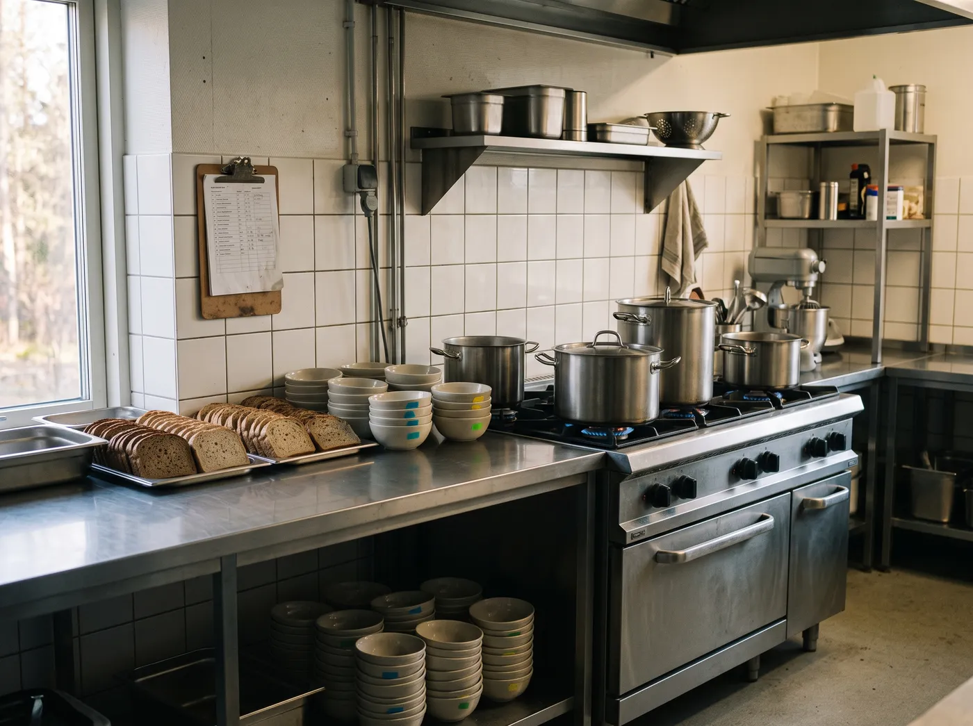 Et leirkjøkken tidlig om morgenen, med store kjeler på komfyren, brødbrett og boller på benken og en liste på en skriveplate på veggen.