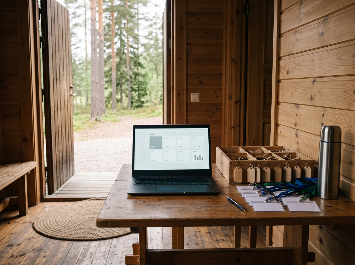 Et innsjekkingsbord ved inngangen til et leirsted, med en bærbar PC, en kasse med romnøkler og en rekke navneskilt.