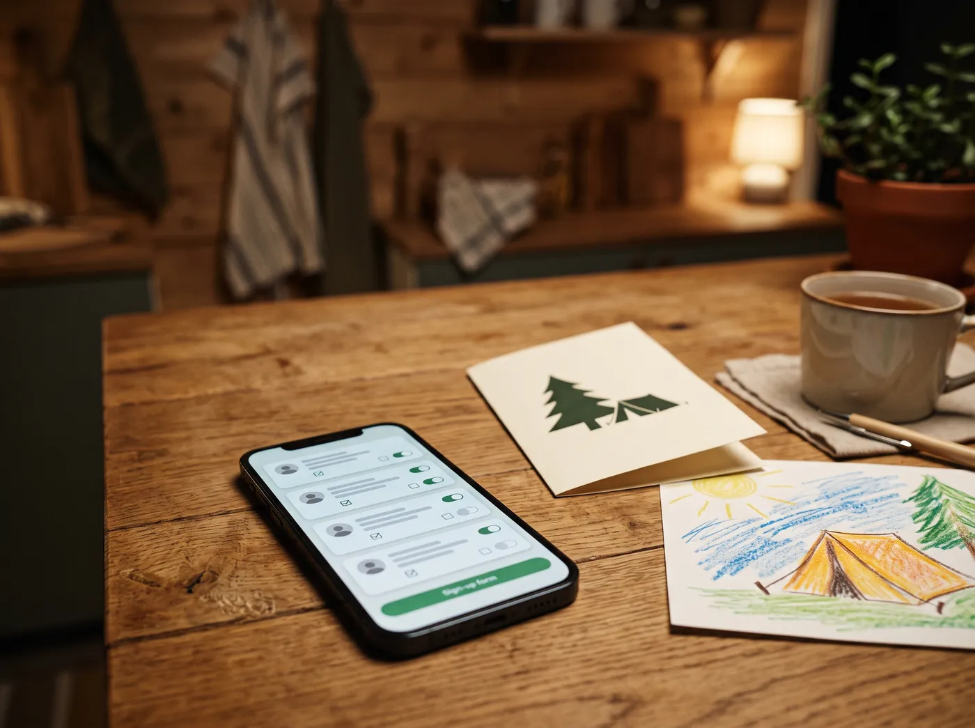 En mobil på et kjøkkenbord med et påmeldingsskjema for fire personer på skjermen, ved siden av en invitasjon med et grantre og en barnetegning av et telt.